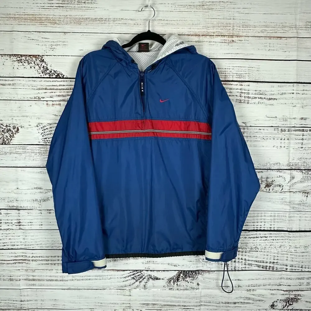 Youth Nike Blue Red Gray Nylon Lined Pullover 1/2 Zip Hood Windbreaker Boys Sz L